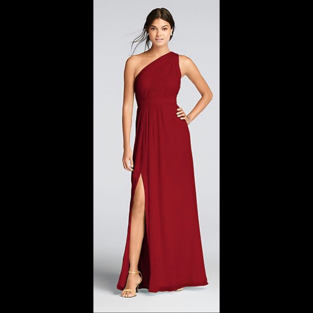 David’s Bridal Apple Chiffon One Shoulder Dress